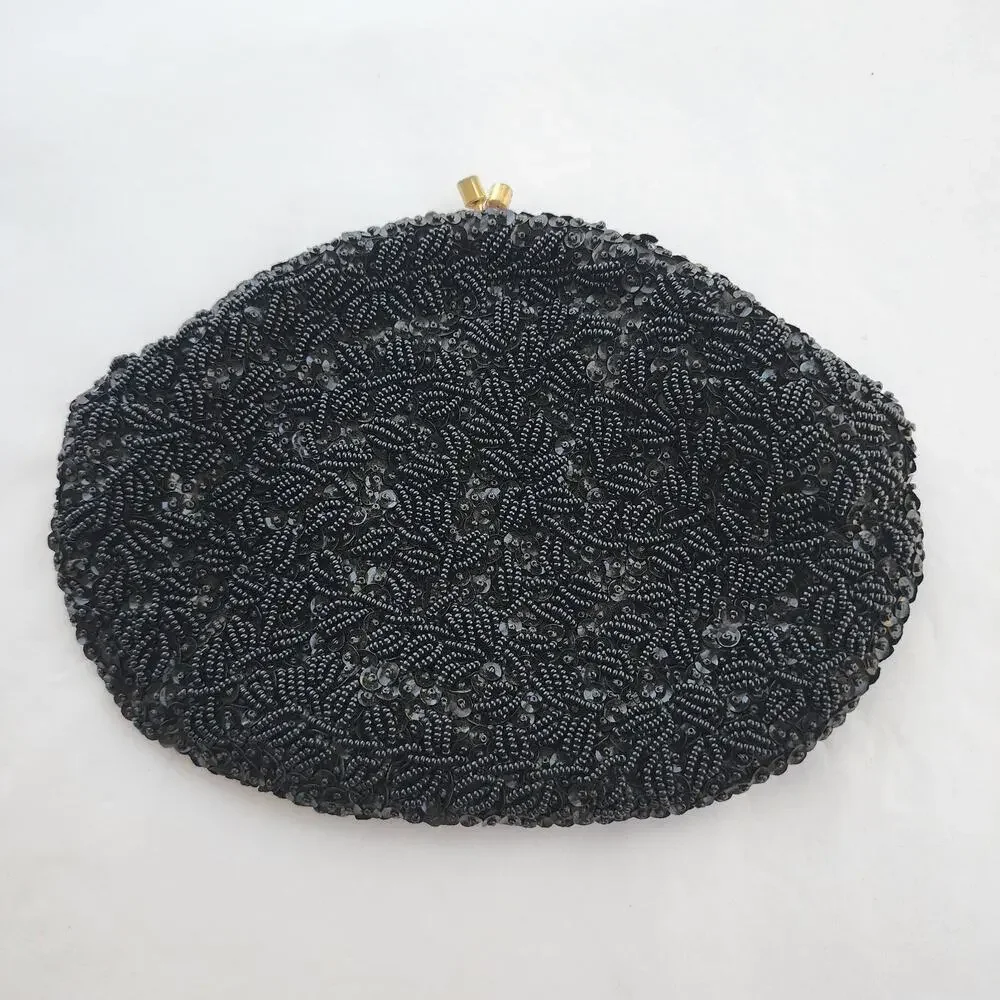 All Over Beaded Clutch Evening Bag Black Satin Vintage Handmade‎ In Hong Kong